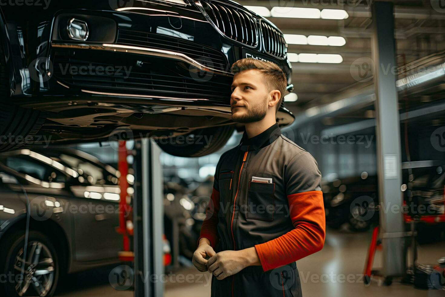 selective focus of handsome auto mechanic in uniform repairing car in auto repair shop. Generative AI photo