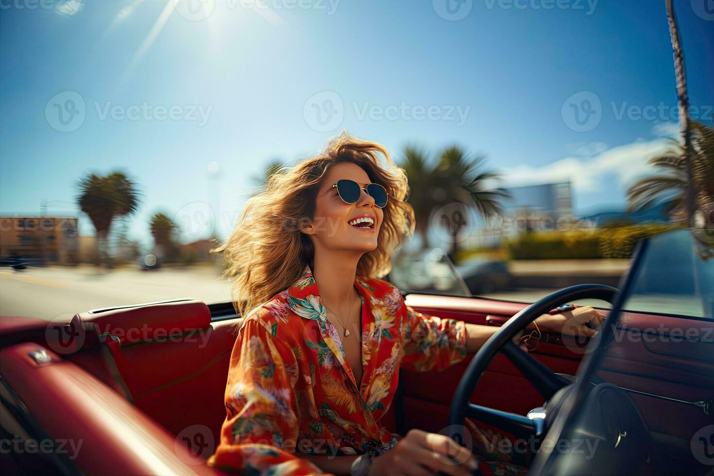 summer holidays, vacation, road trip and people concept - smiling young woman driving convertible car. Generative AI photo