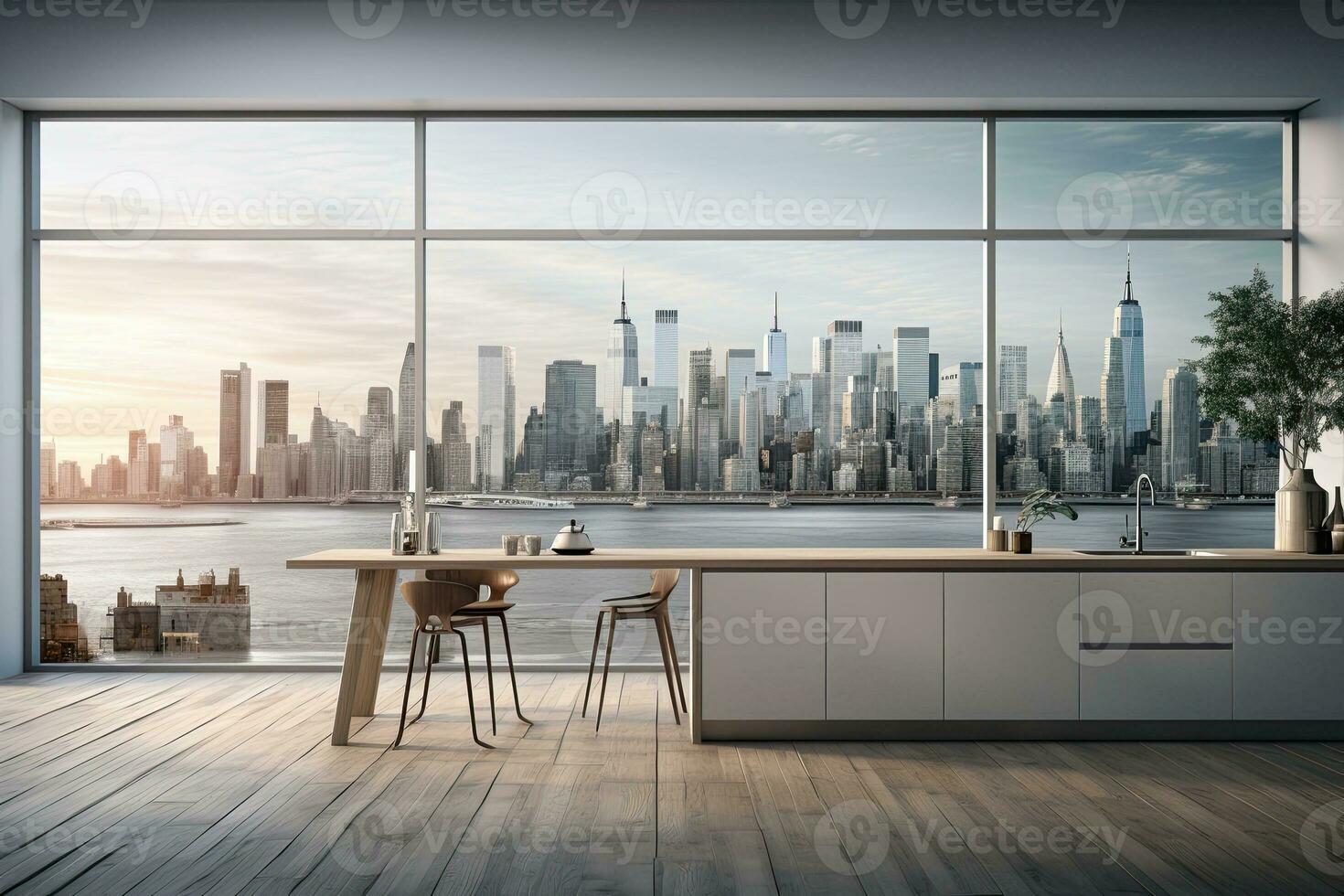 Luxury kitchen interior with white marble countertop, sink and window with panoramic view. Generative AI photo