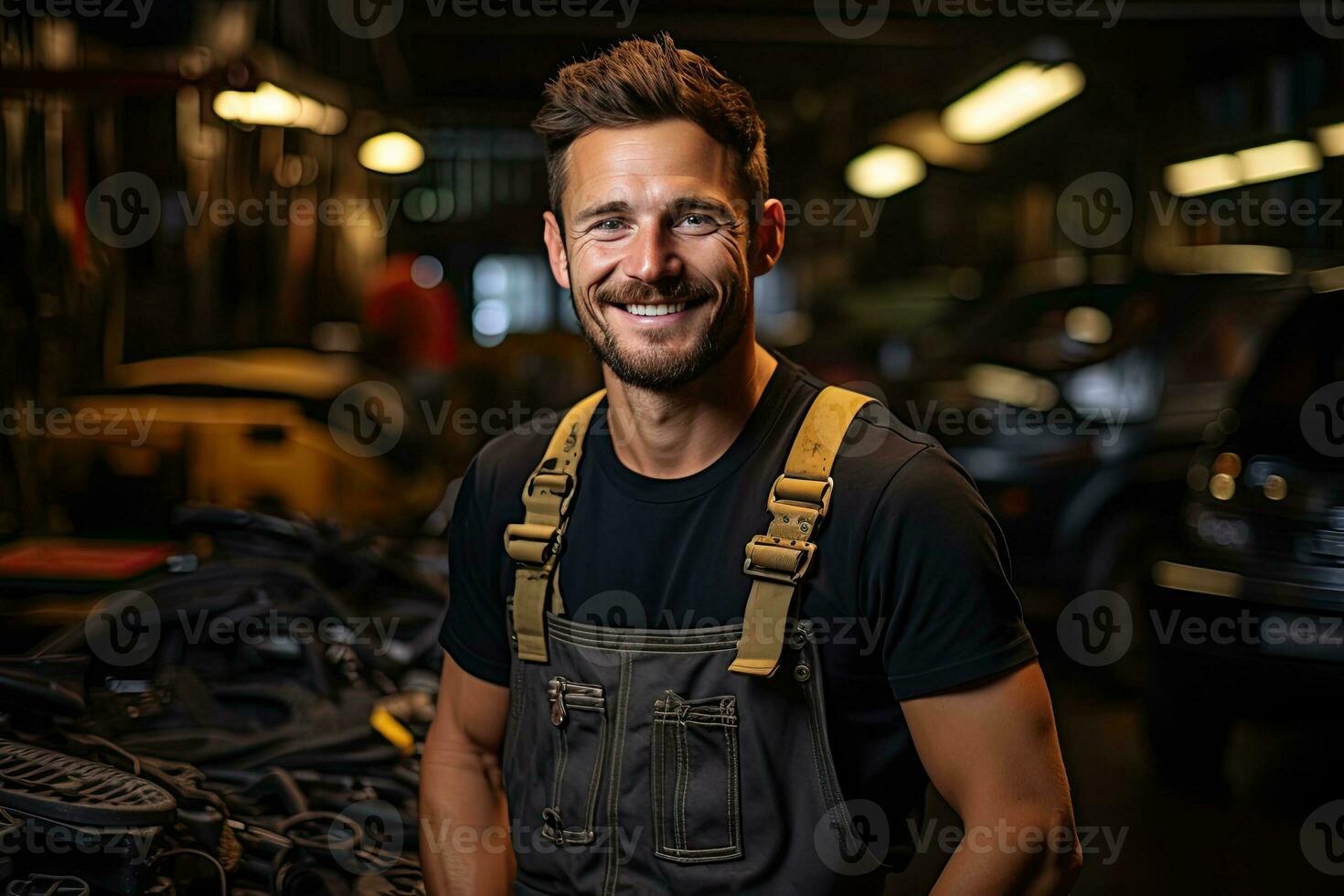 Car mechanic working in auto repair shop. Handsome young man in uniform working with car engine. Generative AI photo