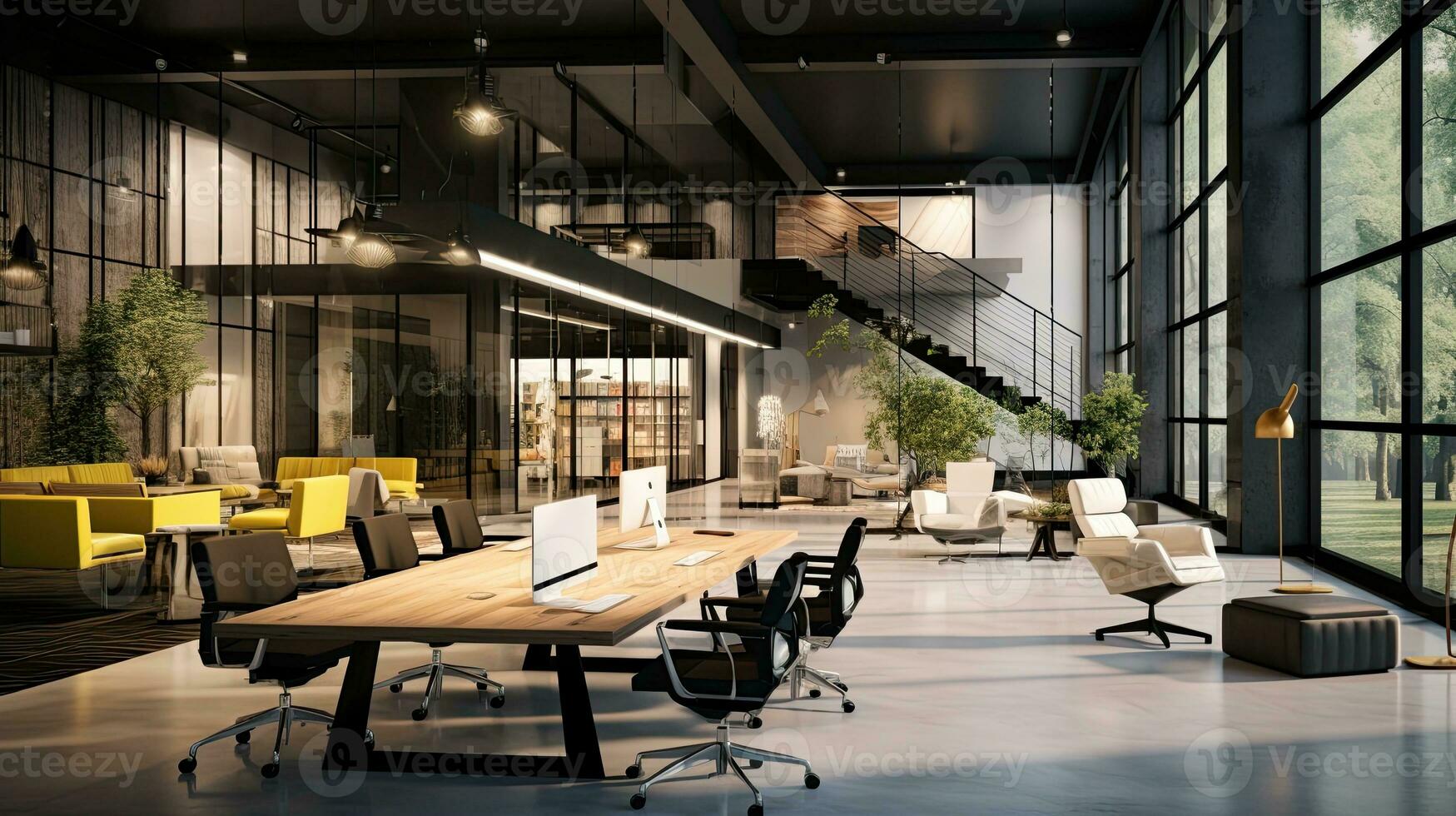 Interior of modern open space office with black walls, concrete floor, rows of computer tables and glass doors.  Generative AI photo