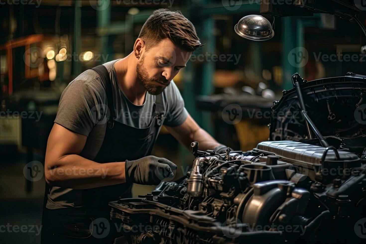 Car mechanic working in auto repair shop. Handsome young man in uniform working with car engine. Generative AI photo