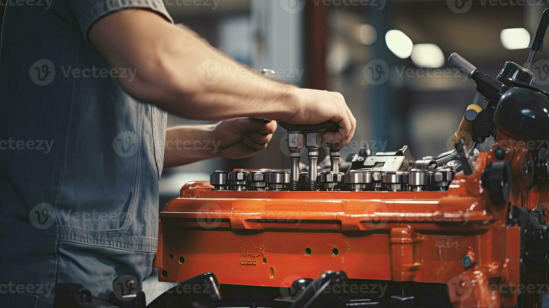 coche mecánico trabajando en auto reparar tienda. auto Servicio industria. automotor fabricación. generativo ai foto