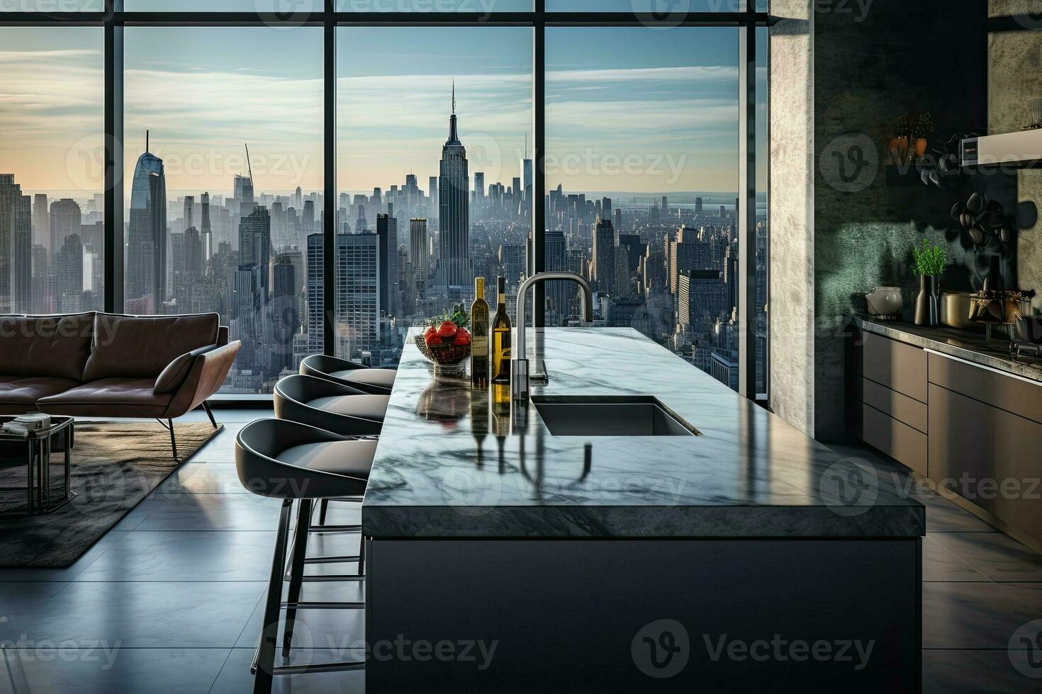 Luxury kitchen interior with white marble countertop, sink and window with panoramic view. Generative AI photo
