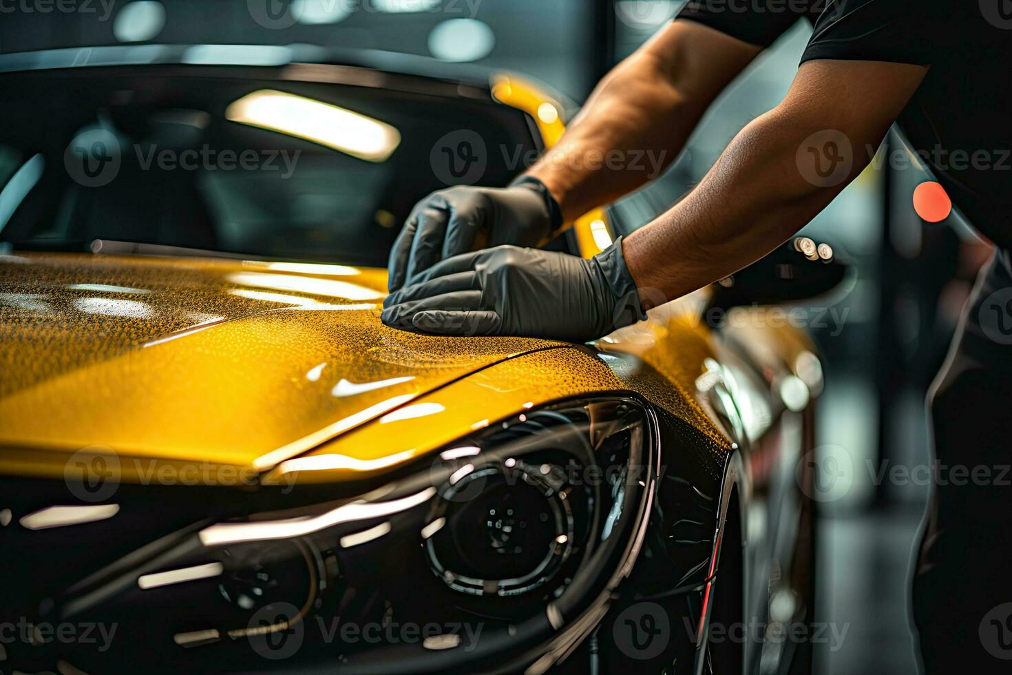 Car detailing series, Worker in protective gloves polishing a car. Generative AI photo