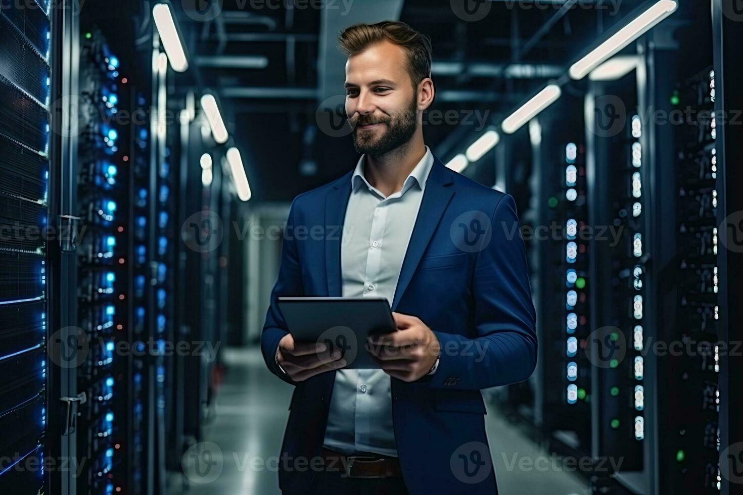 Handsome young businessman using digital tablet while standing in server room.  Generative AI photo