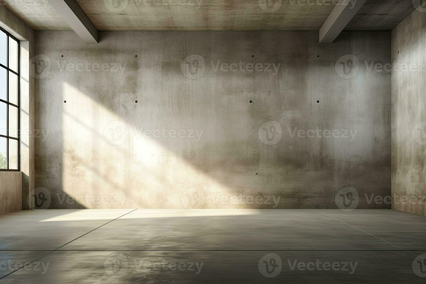 Interior of modern loft with concrete floor and panoramic windows.  Generative AI photo