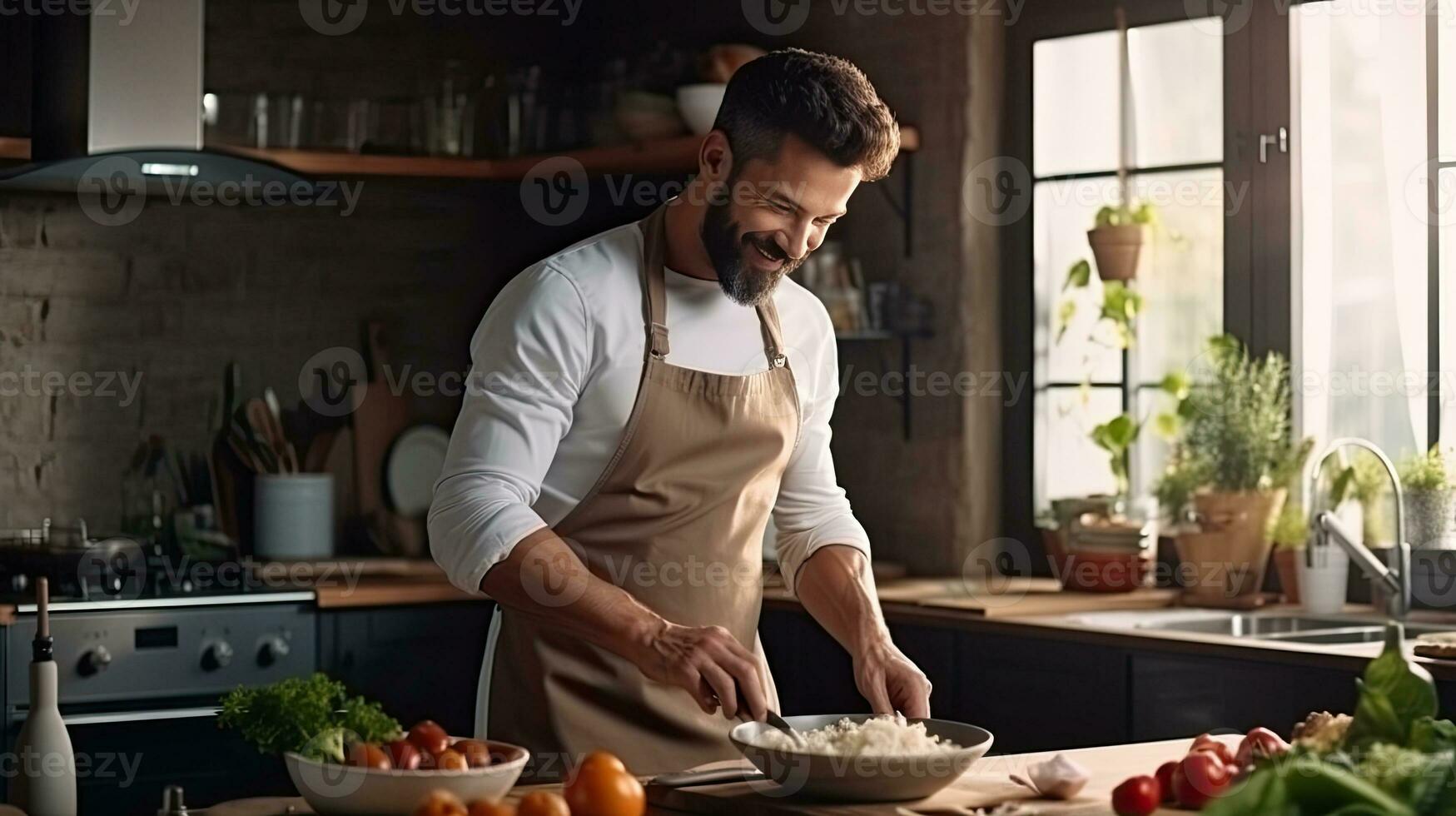 cheerful man in apron cooking salad in kitchen at home. Generative AI photo
