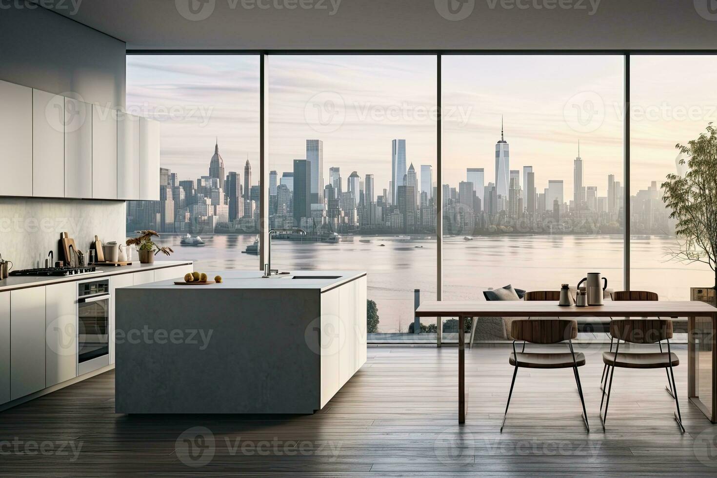 Luxury kitchen interior with white marble countertop, sink and window with panoramic view. Generative AI photo