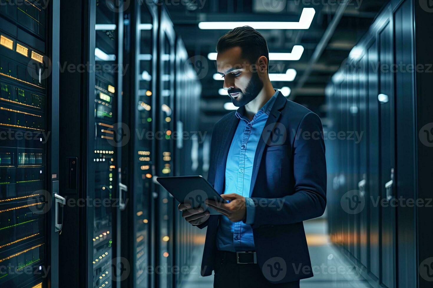 Handsome young businessman using digital tablet while standing in server room.  Generative AI photo