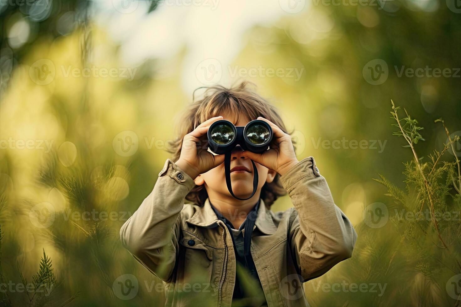 Little boy looking through binoculars in the park. Kid exploring nature.  Generative AI photo