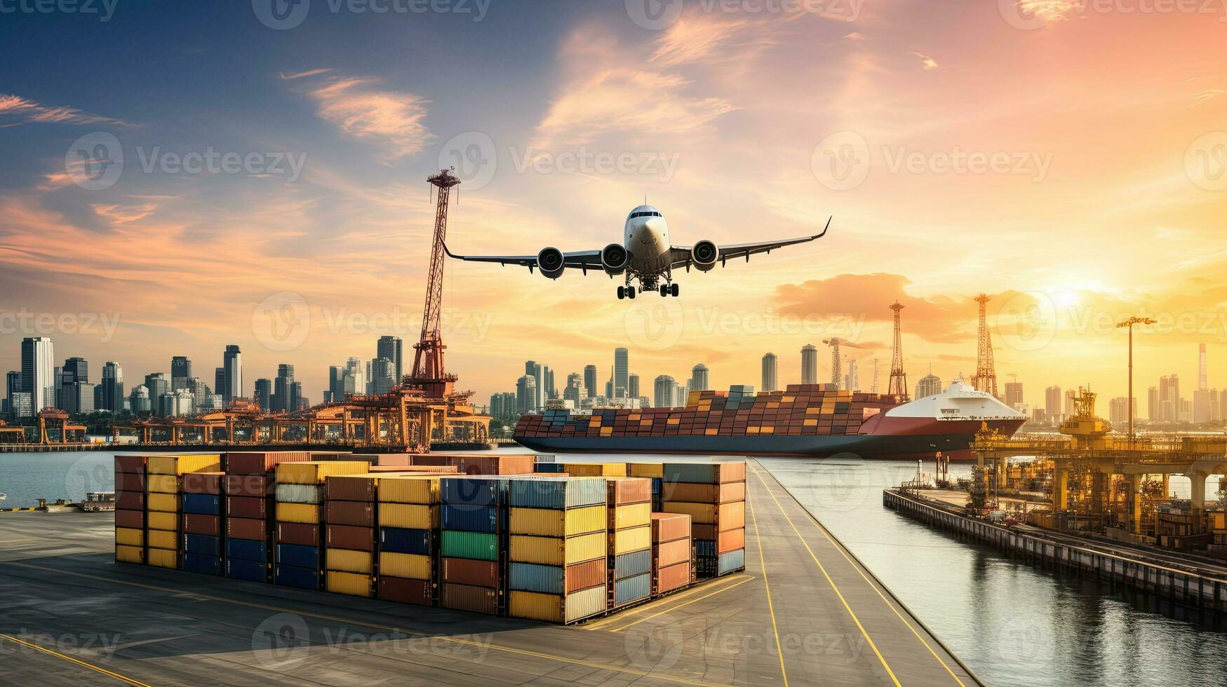 Container Cargo freight ship with working crane bridge in import export and logistics business and transportation concept. Generative AI photo
