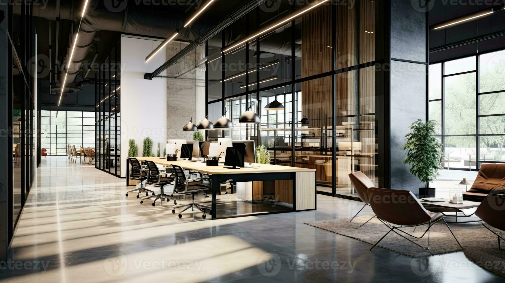 Interior of modern open space office with black walls, concrete floor, rows of computer tables and glass doors.  Generative AI photo