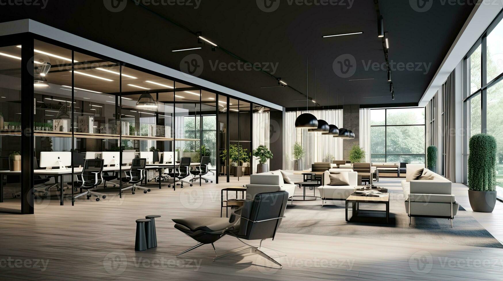 Interior of modern open space office with black walls, concrete floor, rows of computer tables and glass doors.  Generative AI photo