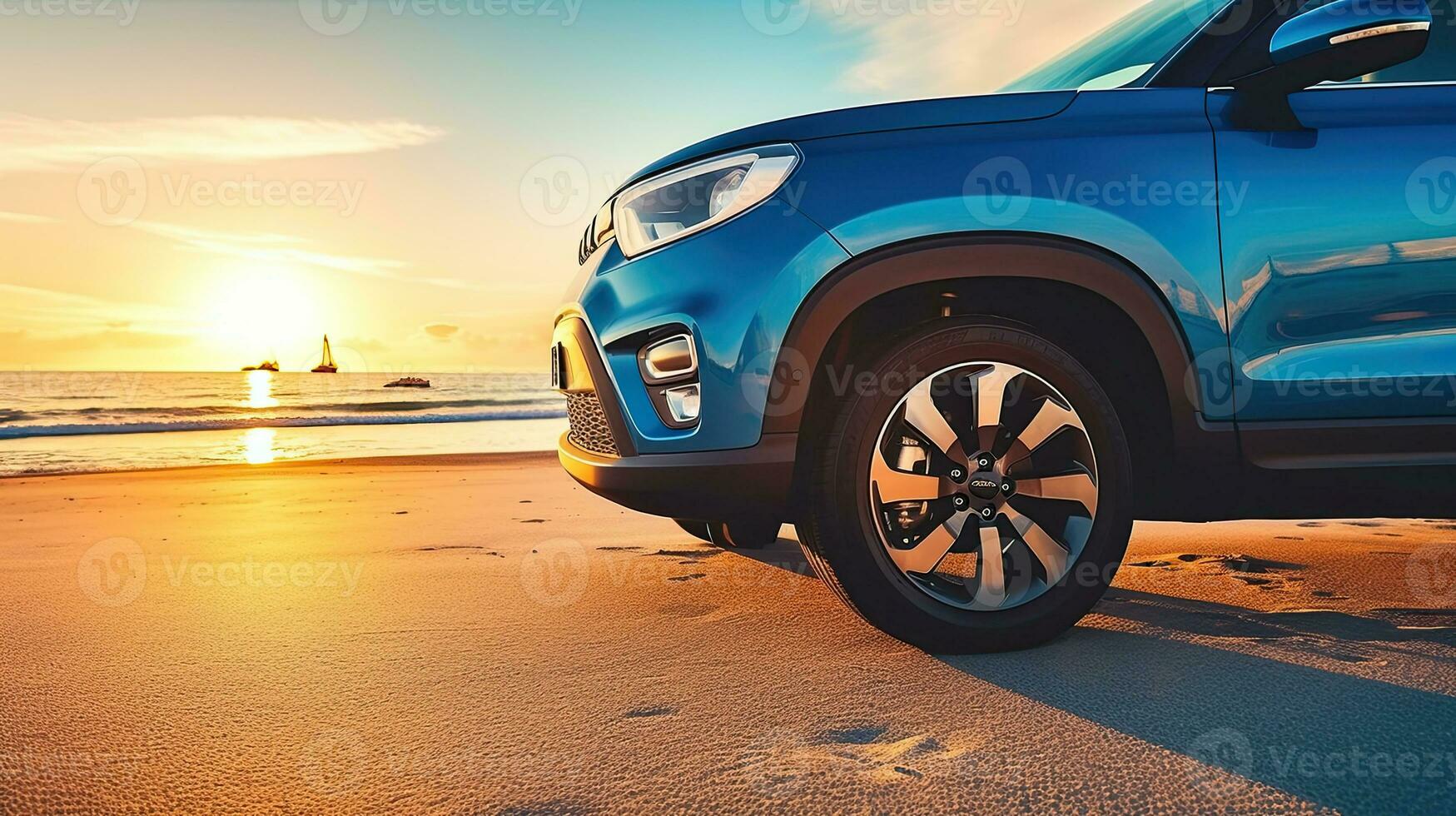 Car on the beach at sunset. Concept of travel and vacation. Generative AI photo