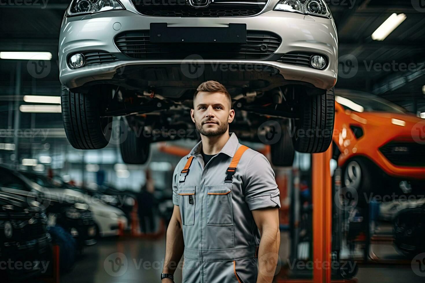 selective focus of handsome auto mechanic in uniform repairing car in auto repair shop. Generative AI photo