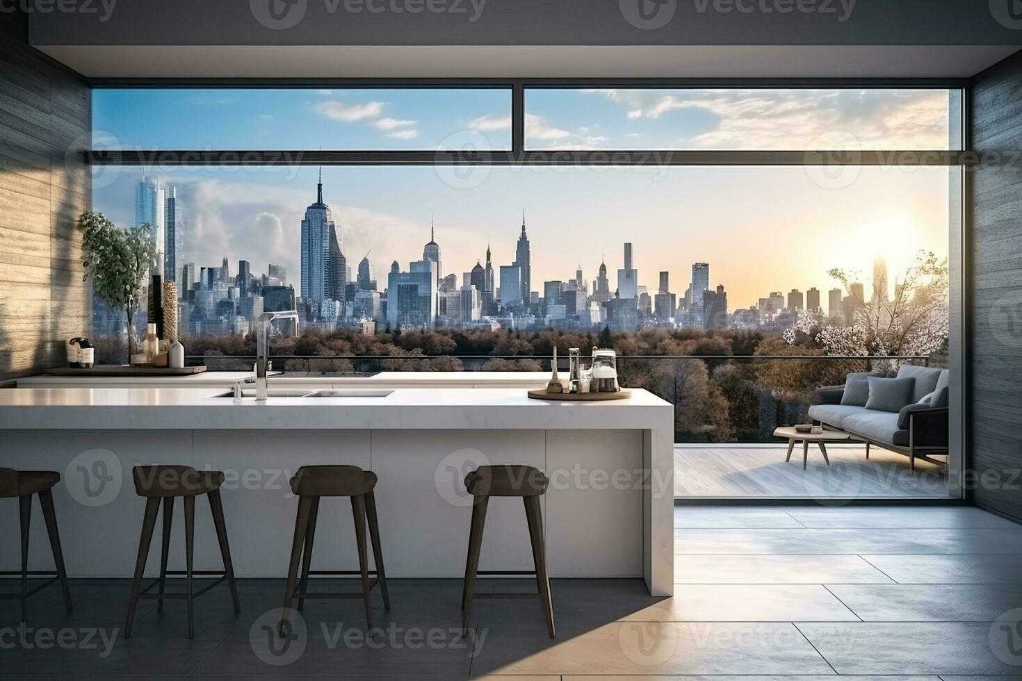 Luxury kitchen interior with white marble countertop, sink and window with panoramic view. Generative AI photo