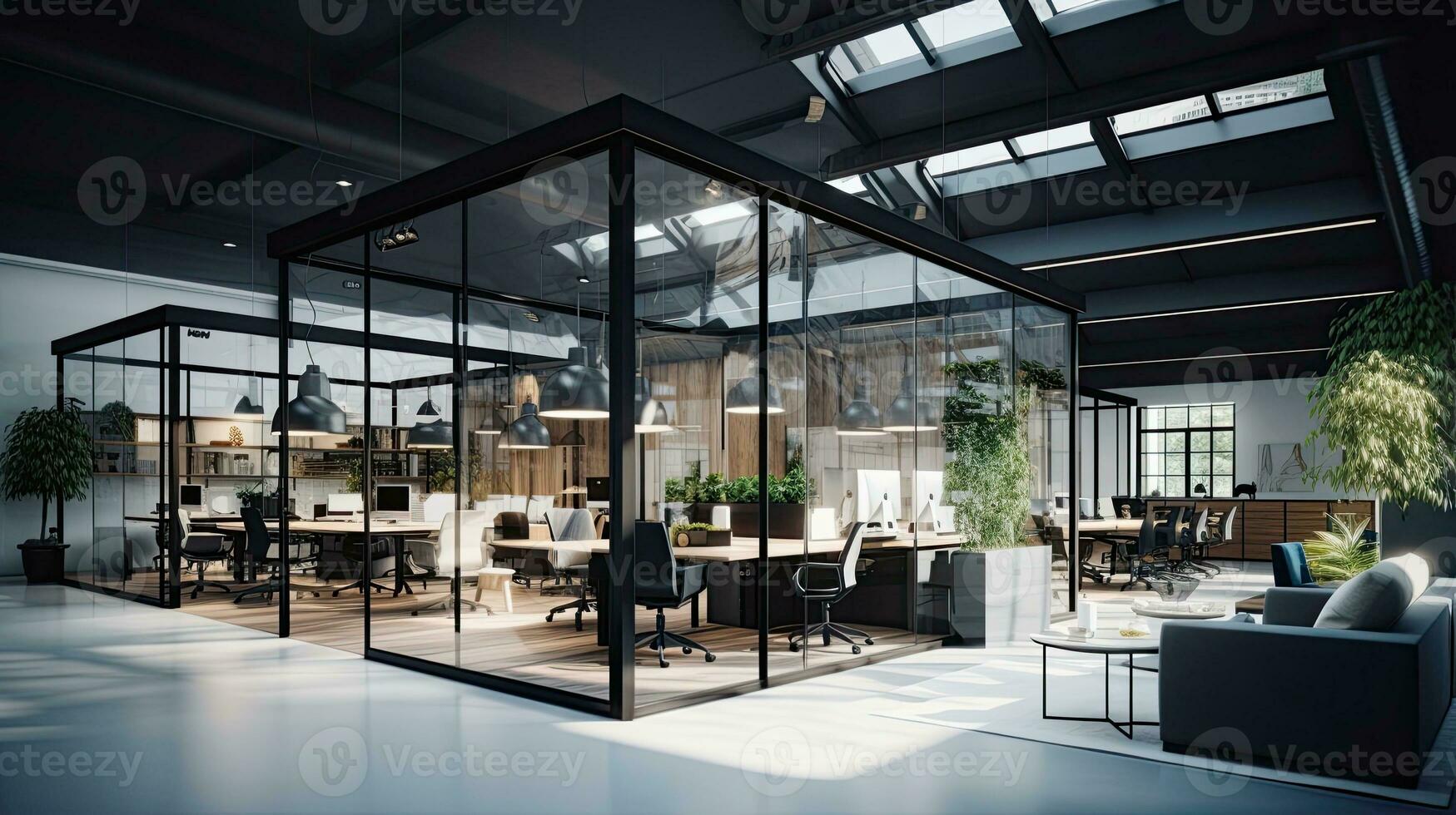 Interior of modern open space office with black walls, concrete floor, rows of computer tables and glass doors.  Generative AI photo