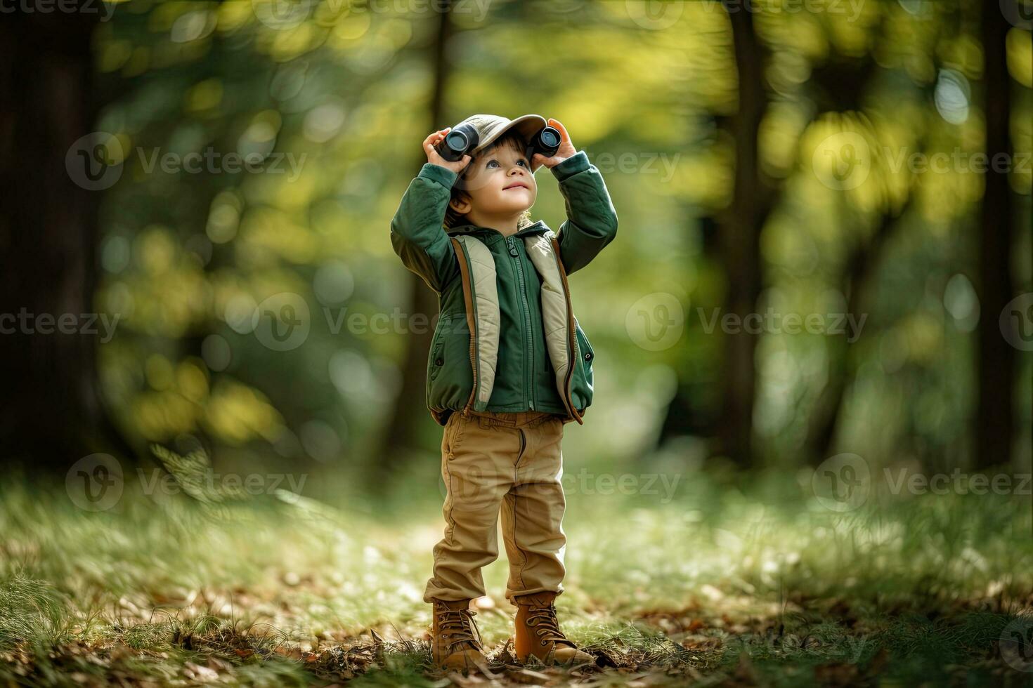 Little boy looking through binoculars in the park. Kid exploring nature.  Generative AI photo