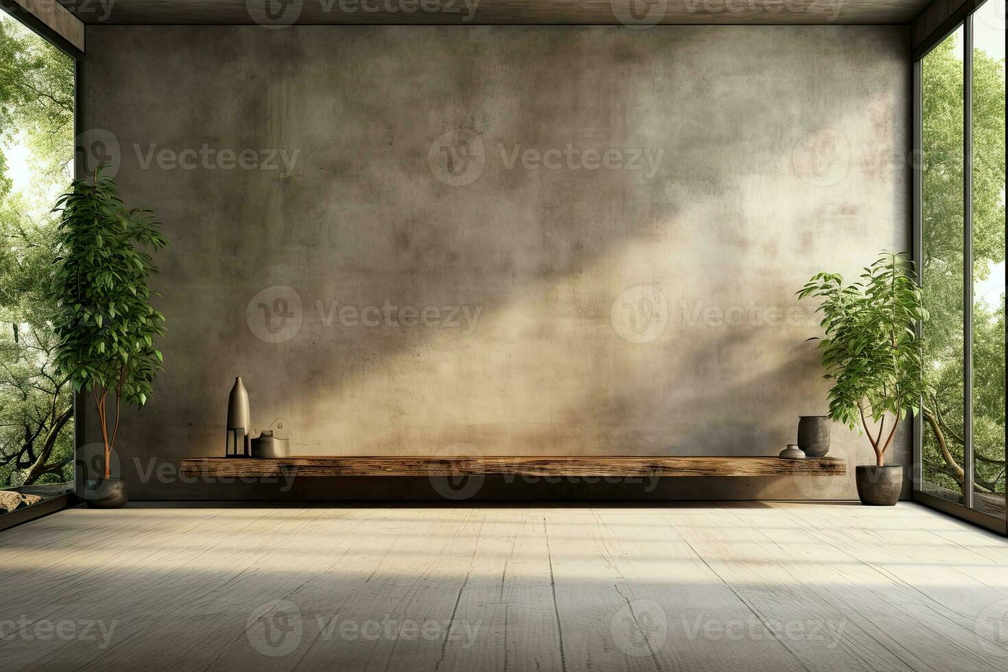 Interior of modern loft with concrete floor and panoramic windows.  Generative AI photo
