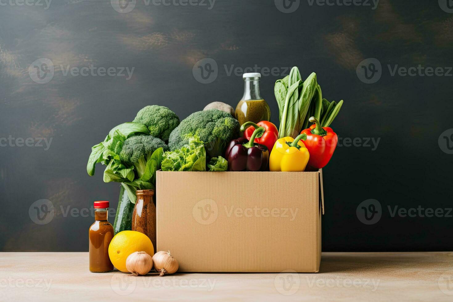 Box with fresh organic vegetables and fruits. Healthy food shopping concept. Generative AI photo