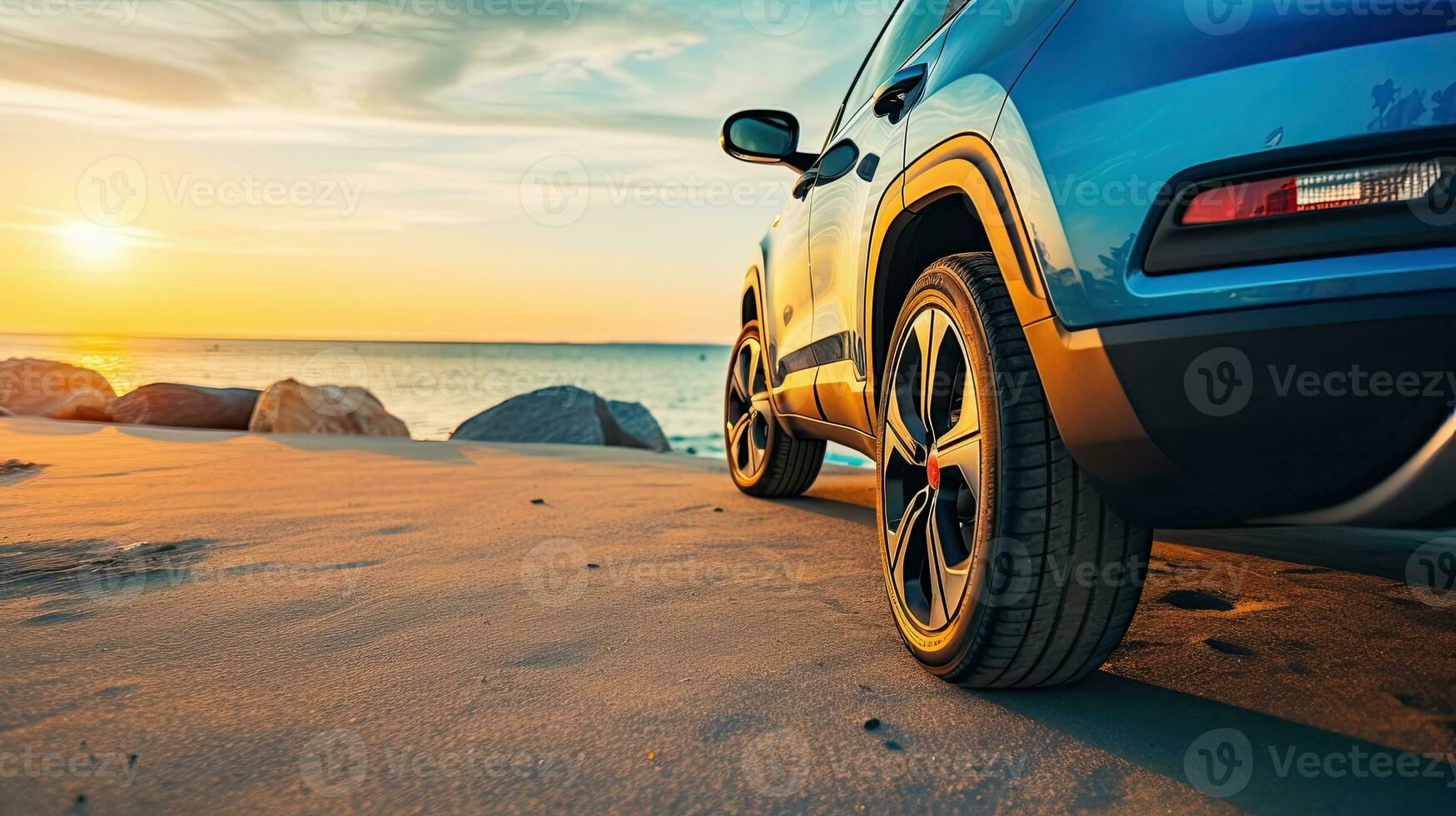 Car on the beach at sunset. Concept of travel and vacation. Generative AI photo