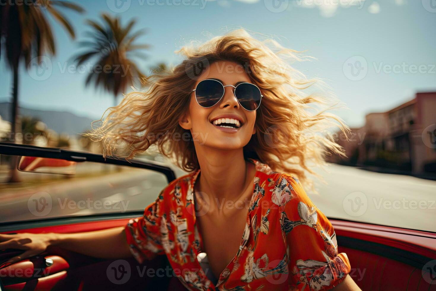 summer holidays, vacation, road trip and people concept - smiling young woman driving convertible car. Generative AI photo