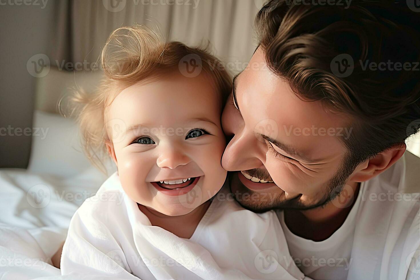 Smiling and happy father and daughter spending the weekend in a warm home. Generative AI photo