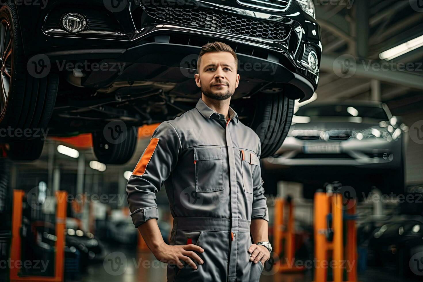 selective focus of handsome auto mechanic in uniform repairing car in auto repair shop. Generative AI photo