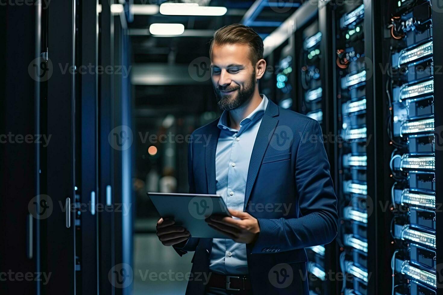 Handsome young businessman using digital tablet while standing in server room.  Generative AI photo