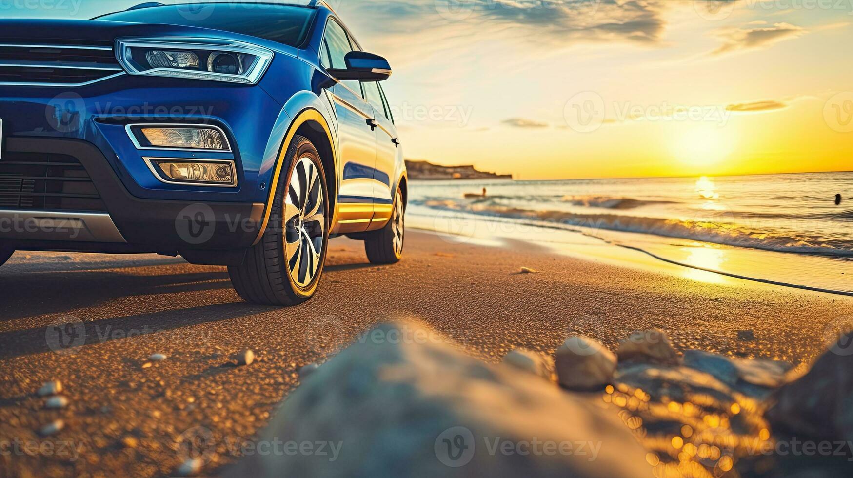 Car on the beach at sunset. Concept of travel and vacation. Generative AI photo
