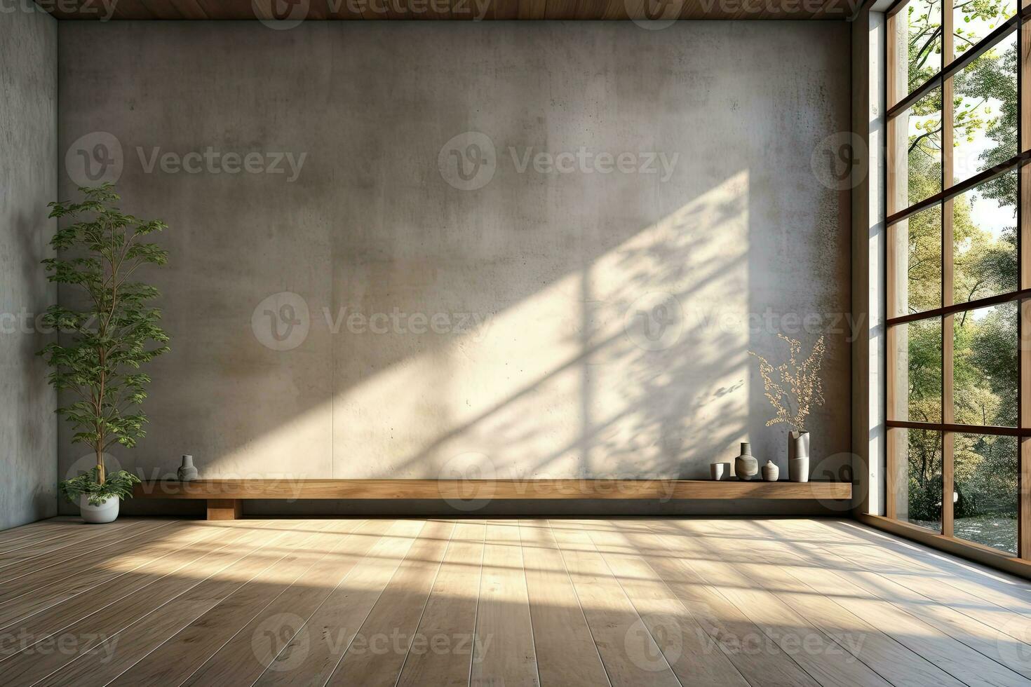 Interior of modern loft with concrete floor and panoramic windows.  Generative AI photo