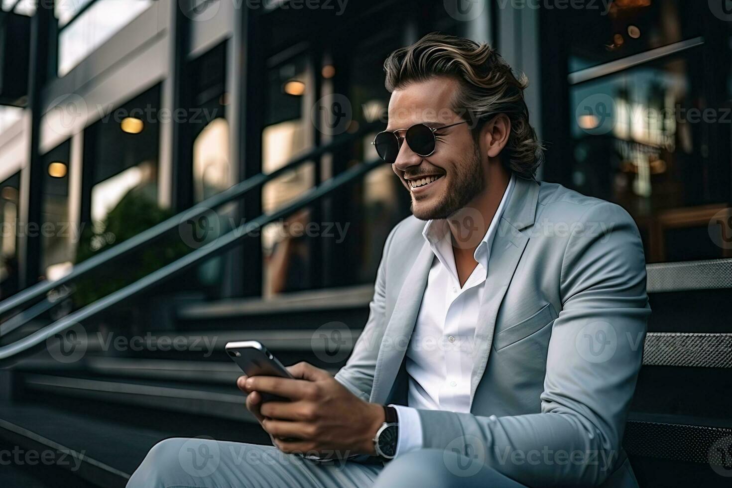 handsome businessman using smartphone while in the city. Generative AI photo