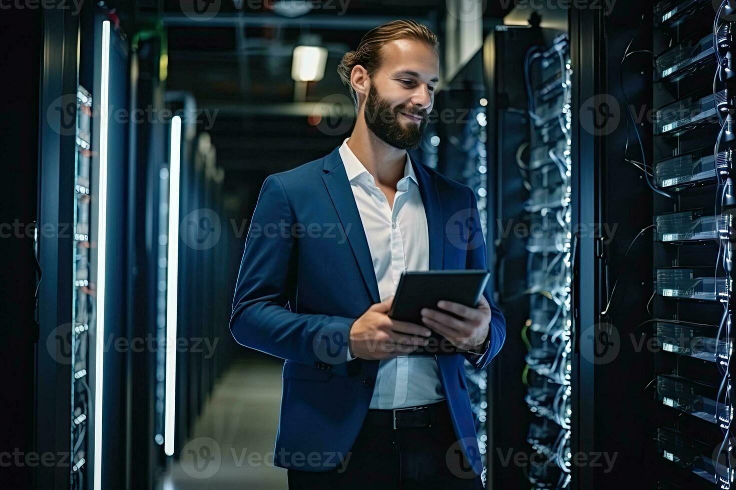 Handsome young businessman using digital tablet while standing in server room.  Generative AI photo