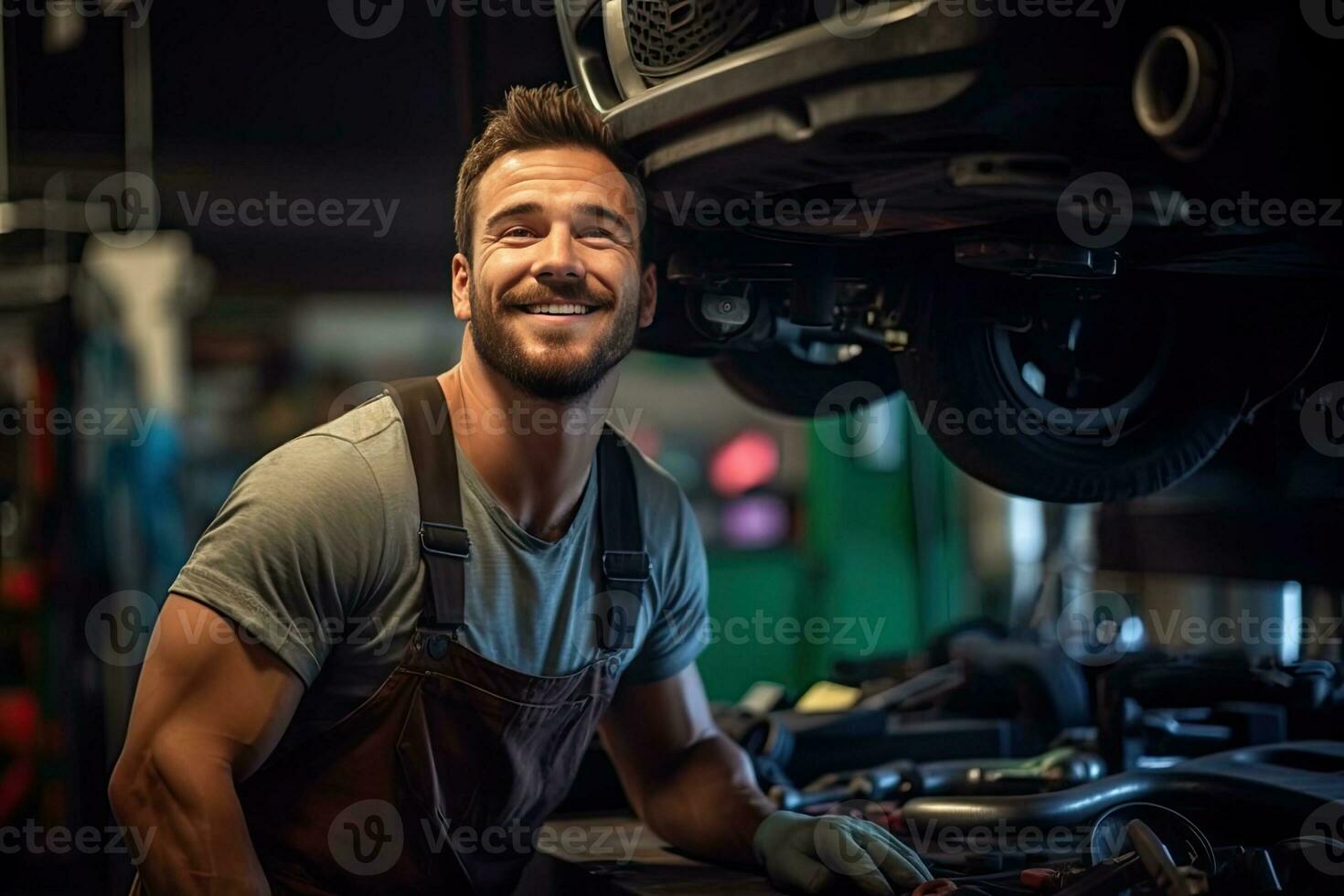 Car mechanic working in auto repair shop. Handsome young man in uniform working with car engine. Generative AI photo