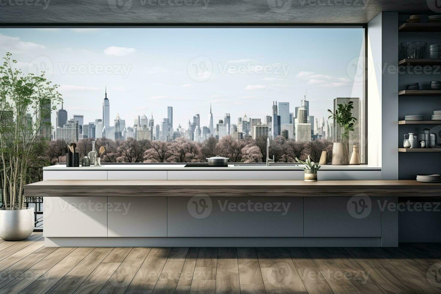 Luxury kitchen interior with white marble countertop, sink and window with panoramic view. Generative AI photo
