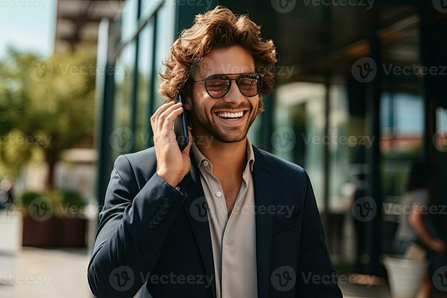 handsome businessman using smartphone while in the city. Generative AI photo