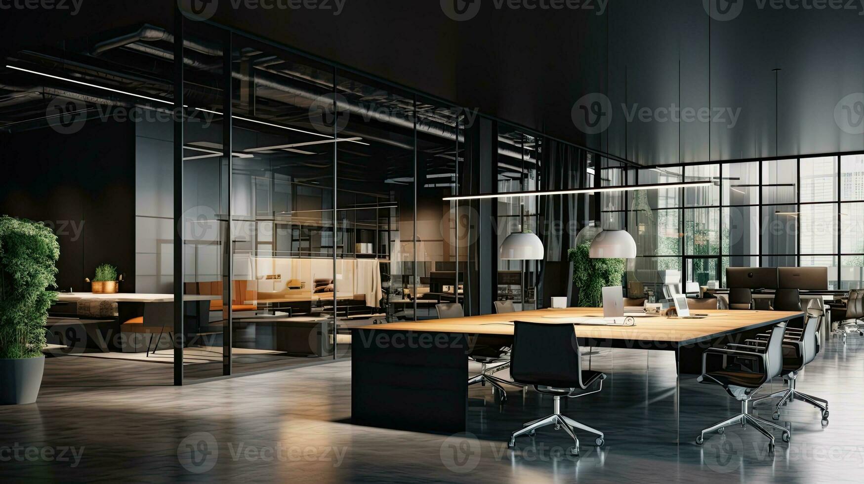 Interior of modern open space office with black walls, concrete floor, rows of computer tables and glass doors.  Generative AI photo