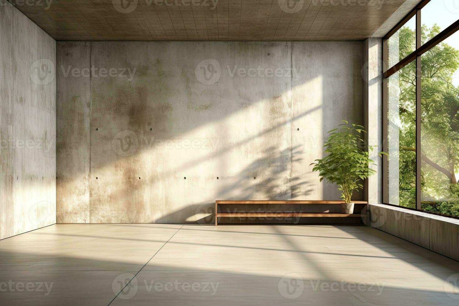 Interior of modern loft with concrete floor and panoramic windows.  Generative AI photo