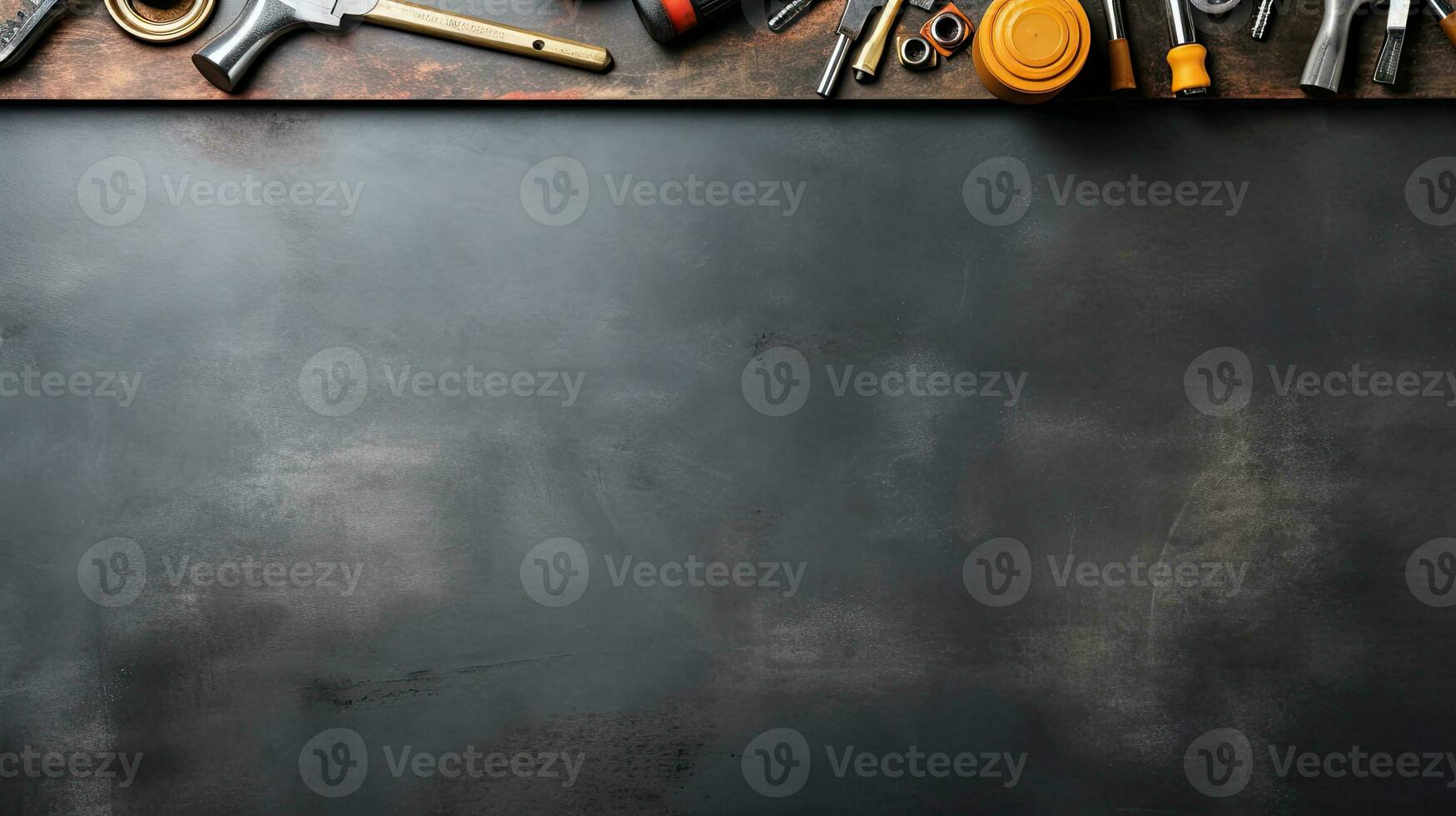 Top view of construction tools on blackboard background with copy space. Generative AI photo