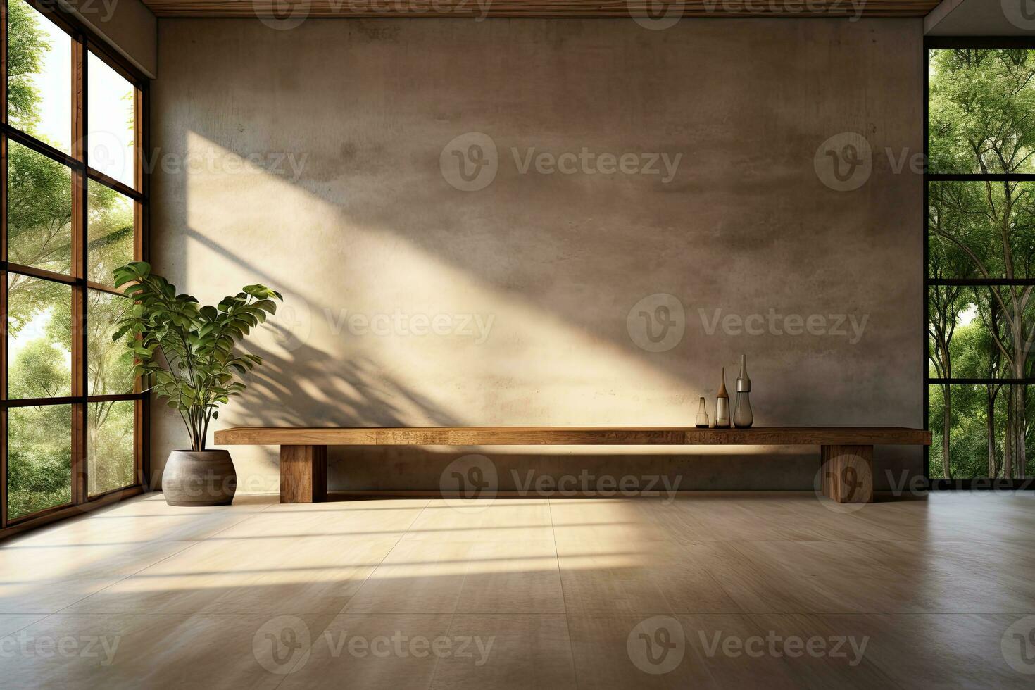Interior of modern loft with concrete floor and panoramic windows.  Generative AI photo