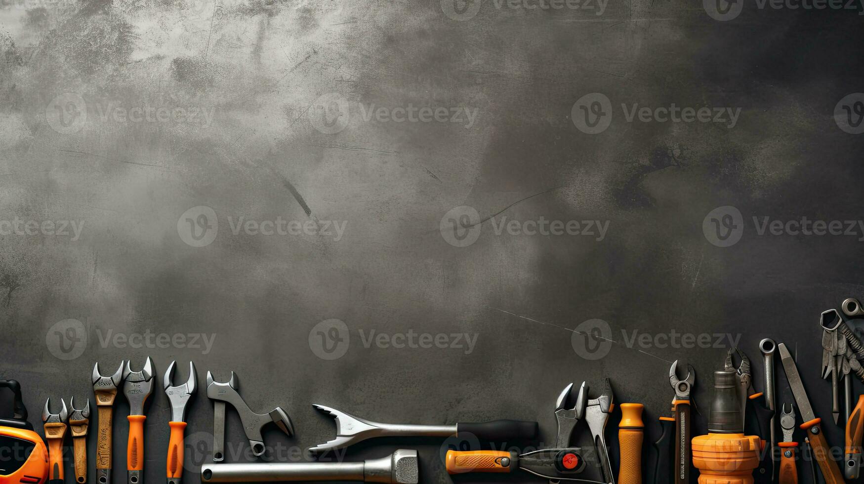 Top view of construction tools on blackboard background with copy space. Generative AI photo