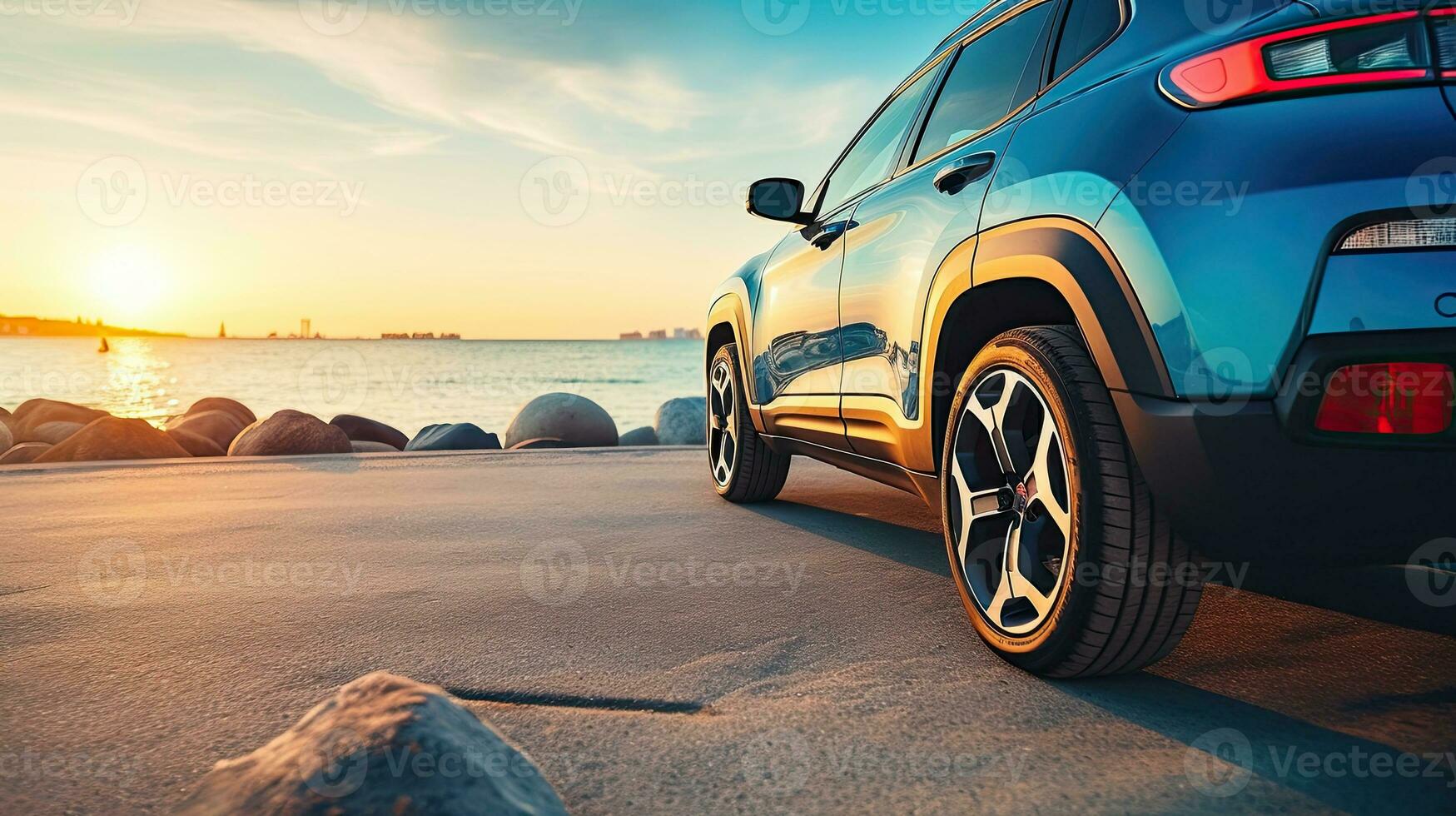 Car on the beach at sunset. Concept of travel and vacation. Generative AI photo