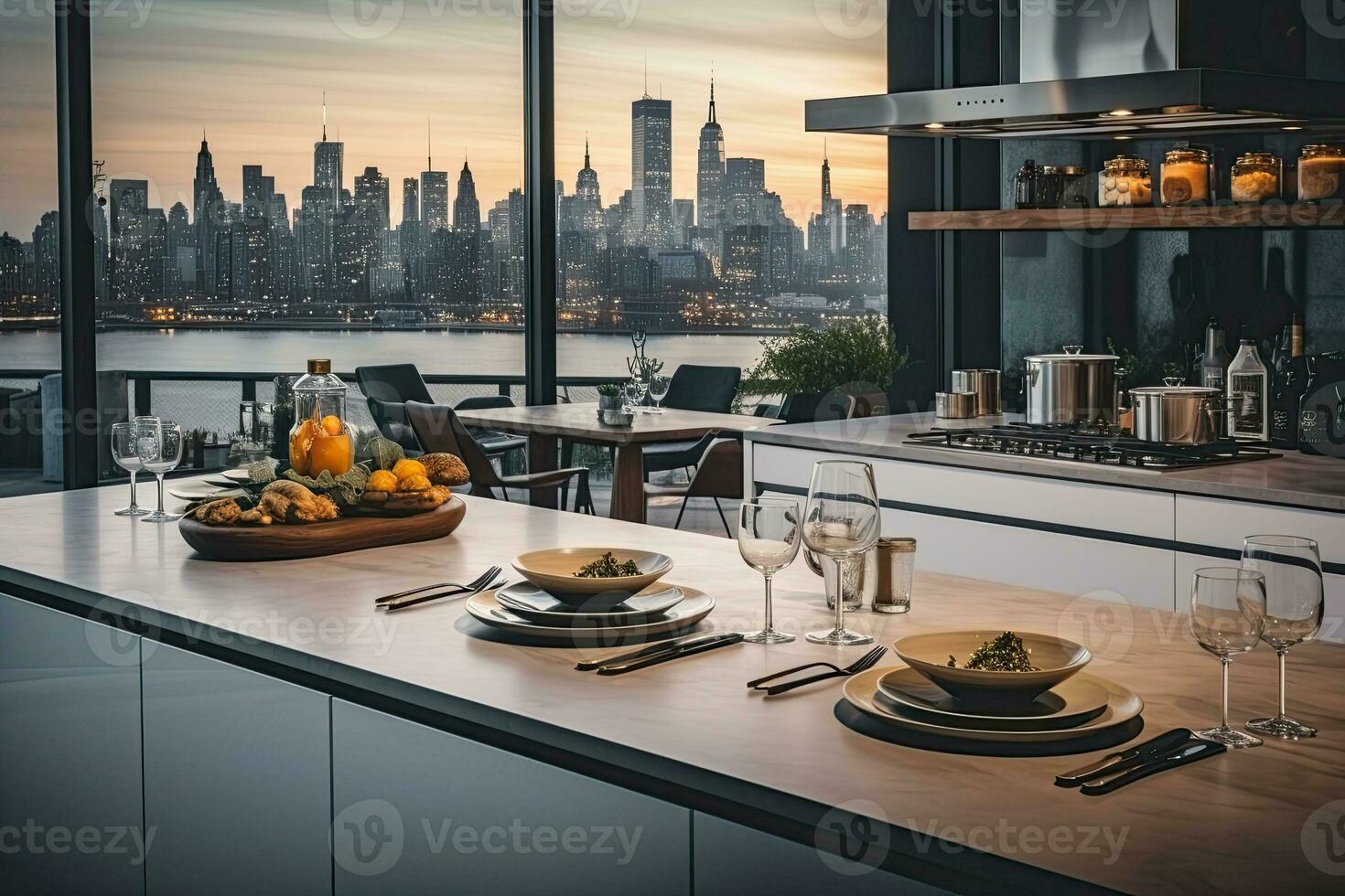 Luxury kitchen interior with white marble countertop, sink and window with panoramic view. Generative AI photo