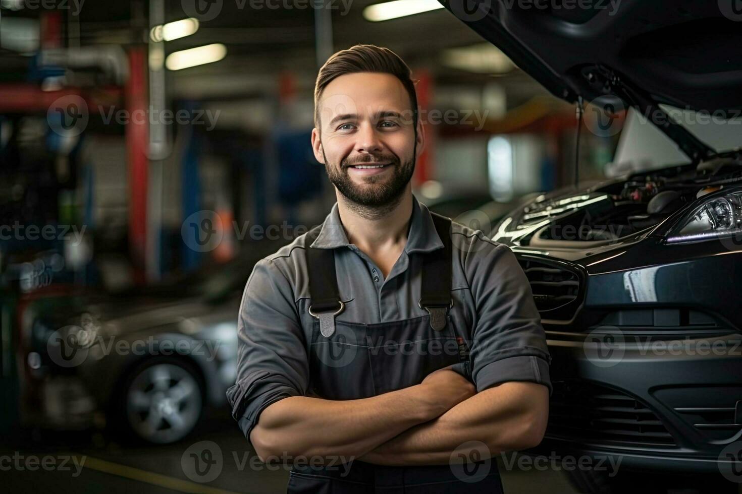 Car mechanic working in auto repair shop. Handsome young man in uniform working with car engine. Generative AI photo