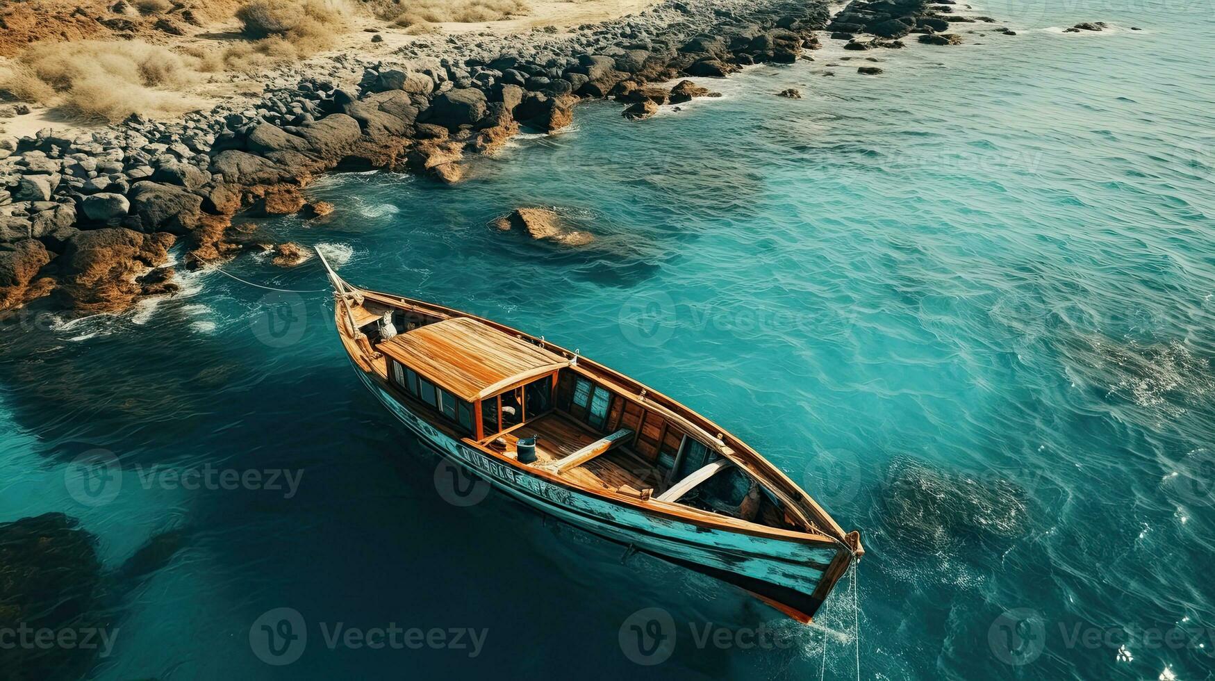 Aerial view of a wooden fishing boat in the sea, Greece. Generative AI photo