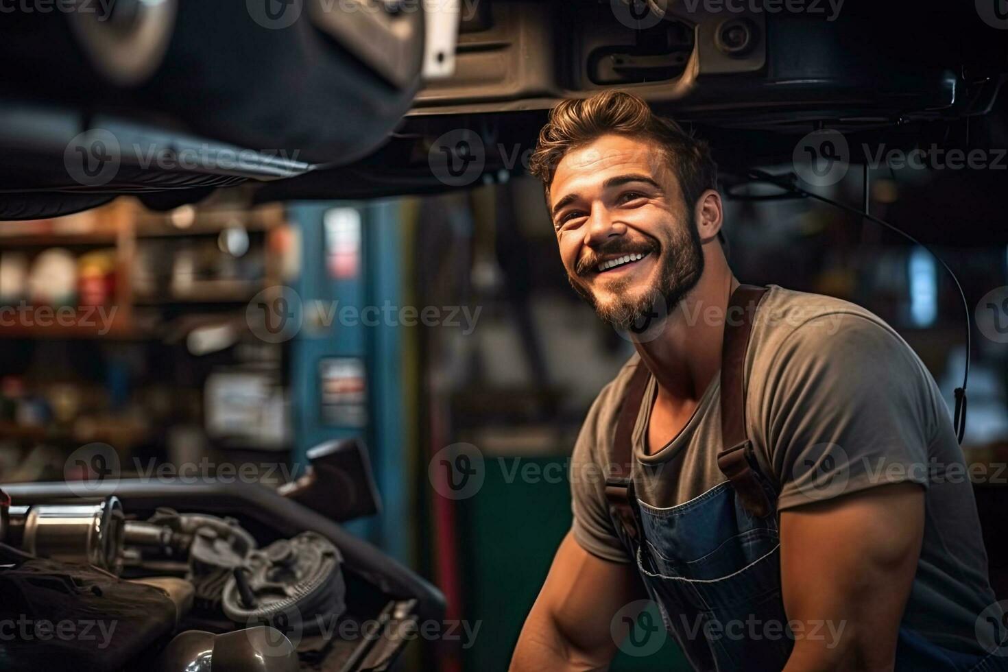 Car mechanic working in auto repair shop. Handsome young man in uniform working with car engine. Generative AI photo