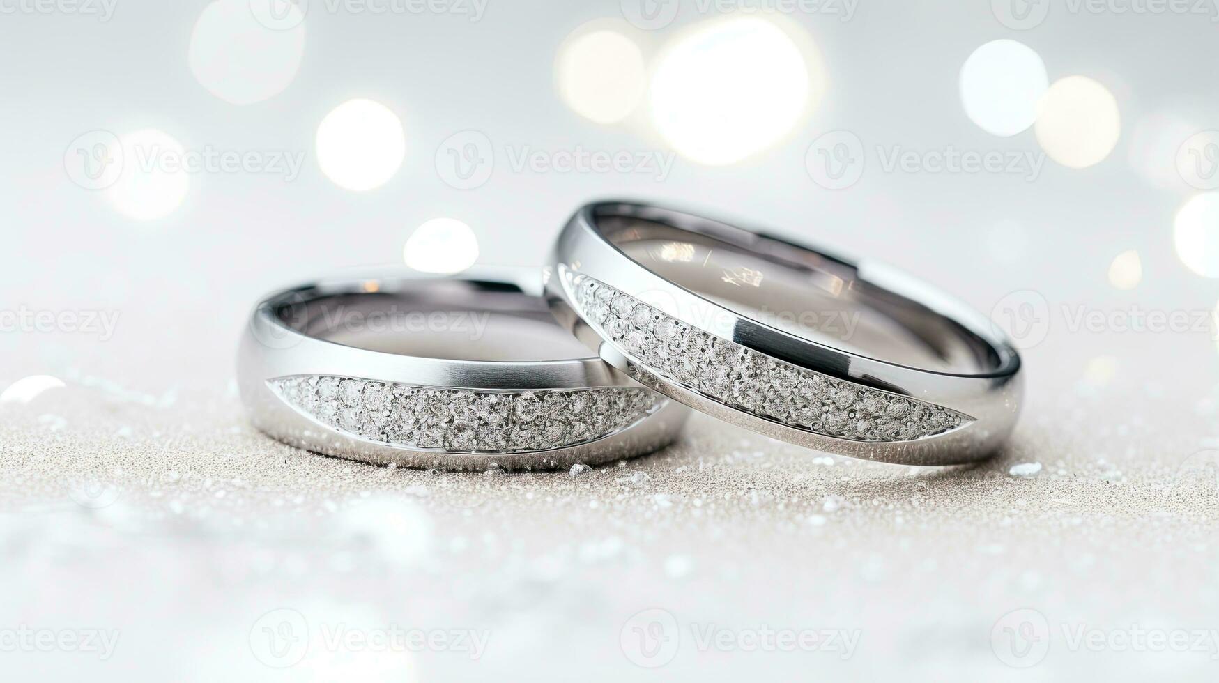 Wedding rings on a white background with sparkles and stars.  Generative AI photo