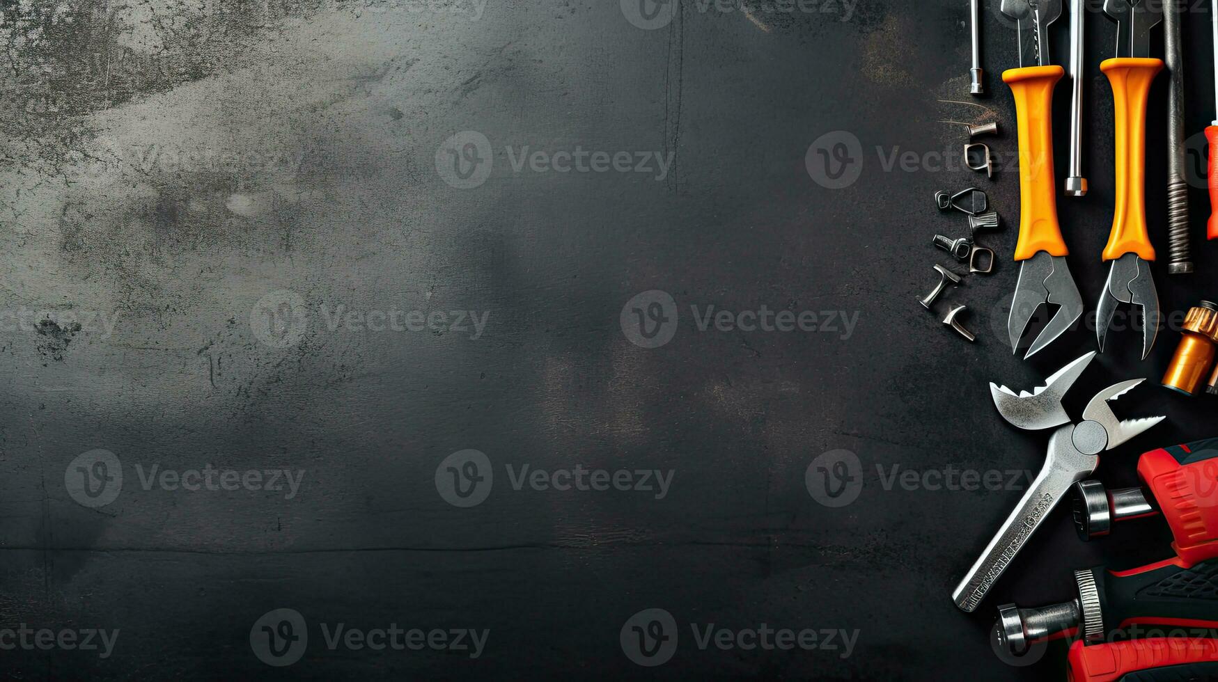 Top view of construction tools on blackboard background with copy space. Generative AI photo