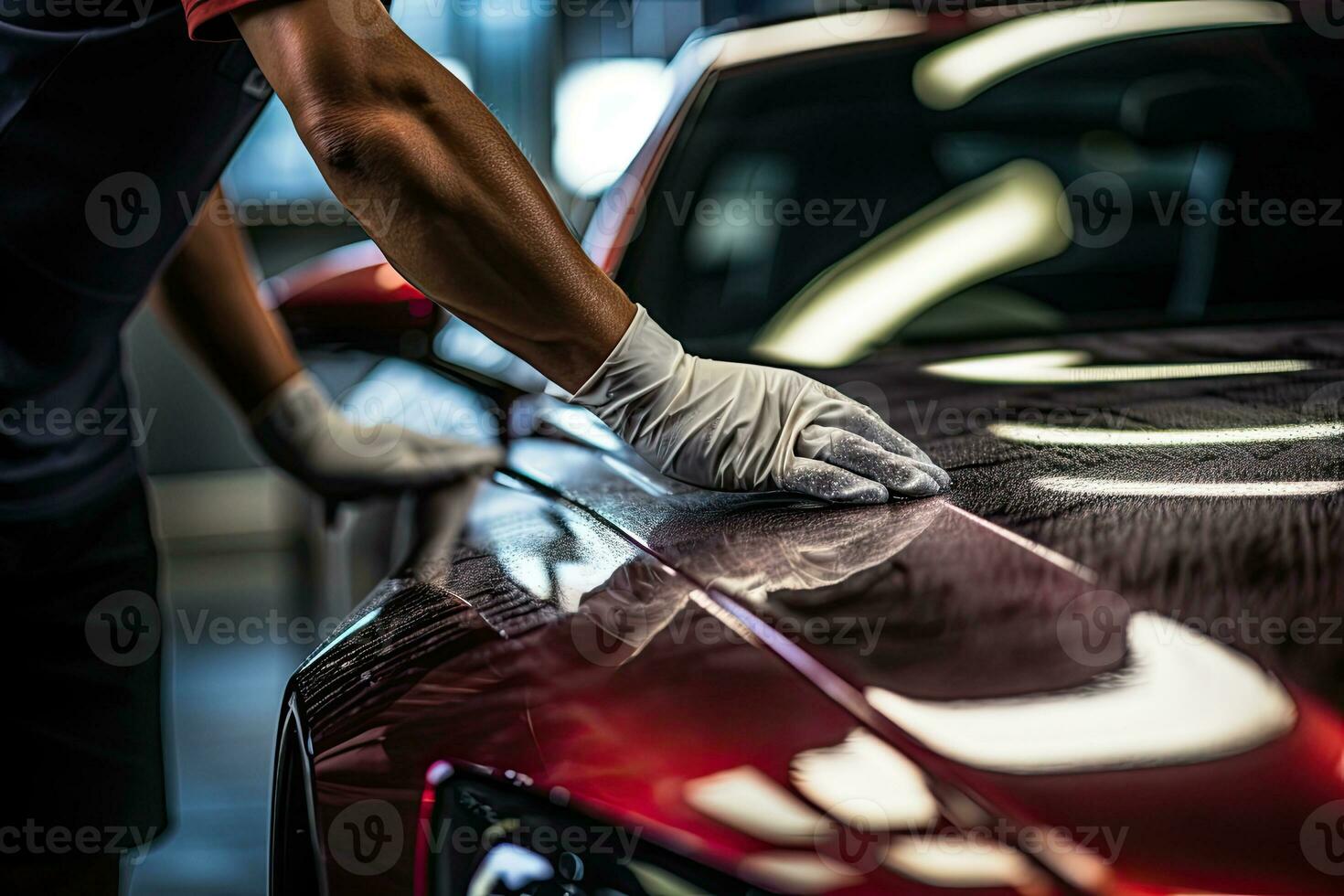 Car detailing series, Worker in protective gloves polishing a car. Generative AI photo